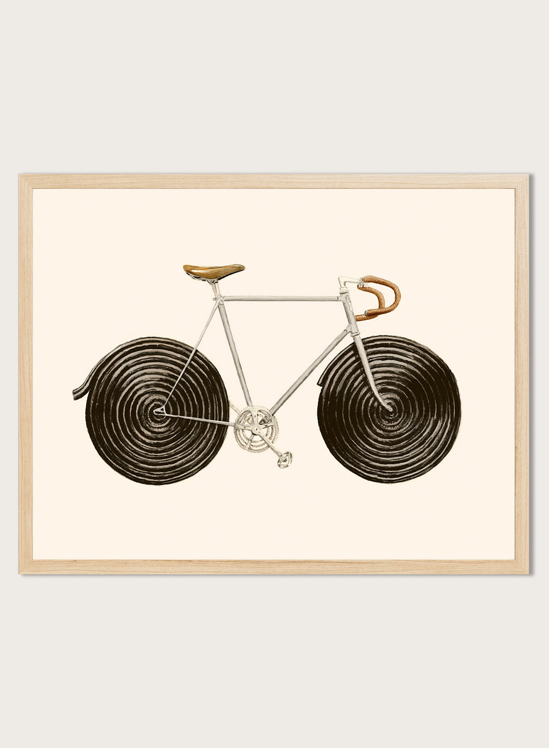 Framed artwork of a bicycle with spiral wheels on a beige background. Sweet Licorice Bicycle by Florent Bodart is a surreal bicycle art print with playful design and vintage style, a modern wall poster with creative and unique concept.