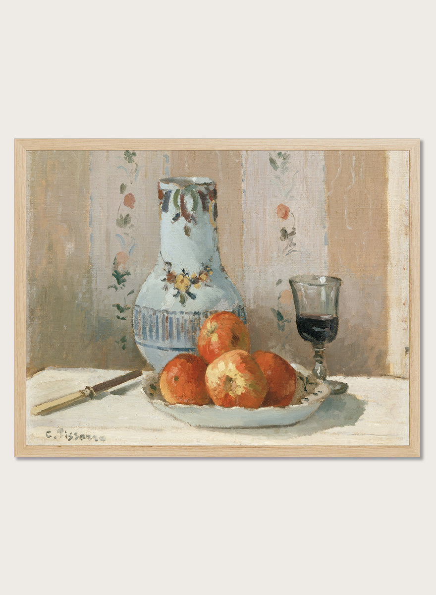 Shop Still Life with Apples and Pitcher by Camille Pissarro, a vintage still life wall art print poster featuring red apples and a ceramic pitcher in warm brown tones.