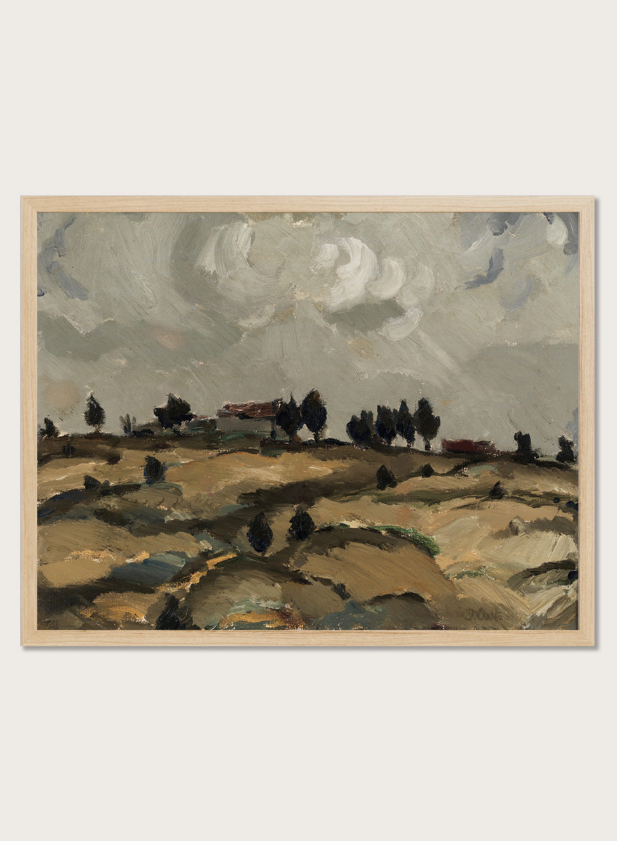 Shop Autumn Landscape with Clouds by Ilmari Aalto, a vintage Finnish landscape wall art print poster depicting rolling fields beneath a dramatic gray sky.