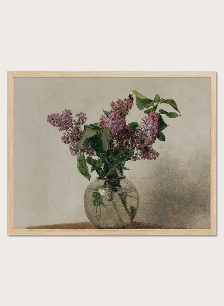 Shop Lilas by Henri Fantin-Latour, a vintage floral wall art print poster featuring a bouquet of purple lilacs in a clear glass vase with green tones.