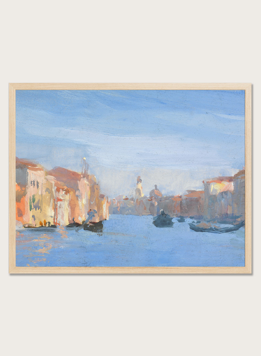 A framed impressionist-style painting of a canal scene with buildings, gondolas, and soft blue water and sky. Venice II by Hercules Brabazon Brabazon is a vintage watercolor art print featuring gondolas, a Venetian canal, soft blue water, and warm city light.