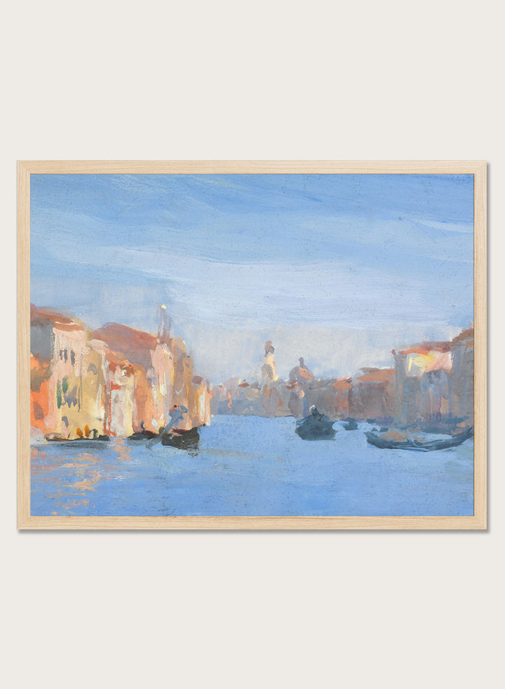 A framed impressionist-style painting of a canal scene with buildings, gondolas, and soft blue water and sky. Venice II by Hercules Brabazon Brabazon is a vintage watercolor art print featuring gondolas, a Venetian canal, soft blue water, and warm city light.