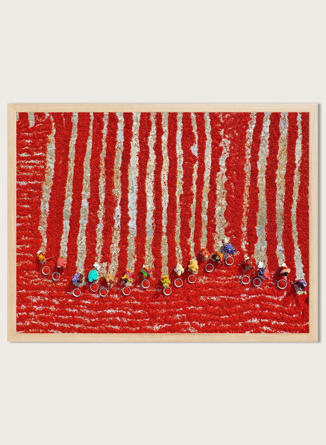 Drying Red Chilies by Azim Khan Ronnie aerial photography print showing chilli fields in Bangladesh with workers, cultural documentary wall art poster