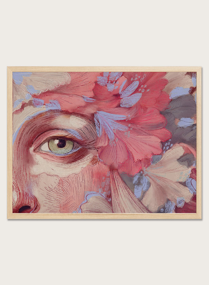 Artistic depiction of a face with flowers and an eye, using a color palette of reds, pinks, and browns. Floral Reverie No.01 by Treechild is a floral portrait illustration art print featuring expressive face detail, layered flowers, and contemporary wall art style.