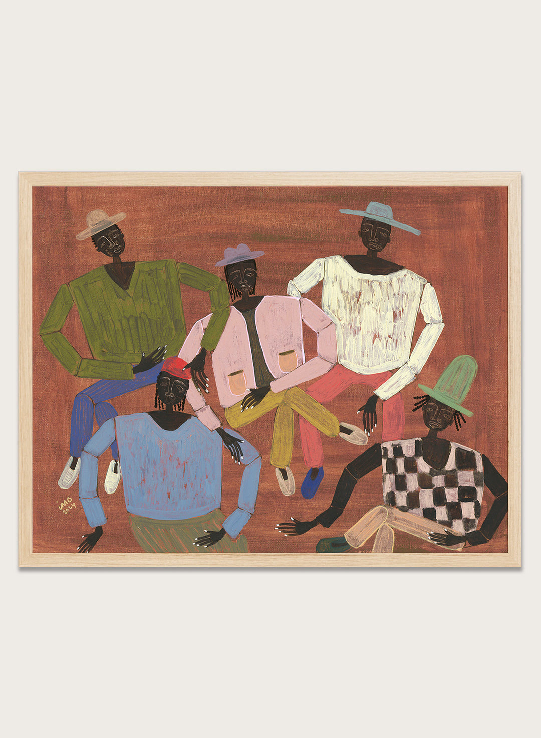 Framed artwork of six stylized figures in colorful clothing on a red background. Long Time No See by Studio IMO (Ibi Meier-Oruitemeka) is a modern figurative art print with multiple figures and bold contemporary wall poster design.