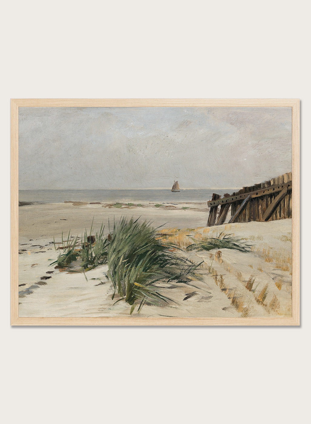 Featuring the original Eugen Dücker's Artwork "On the Beach", this pastel beige and green European vintage coastal tropical ocean beach landscape oil painting wall art print showcases a classic rustic moody antique style that is perfect for any boho or modern farmhouse inspired space with muted or neutral colors. 