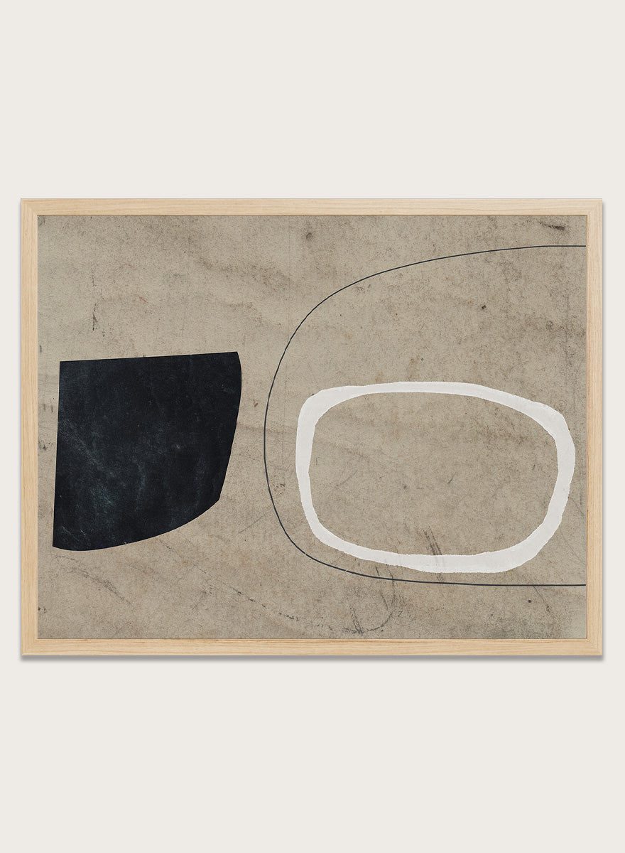 Shop Comfort by Dan Hobday, a contemporary abstract art print featuring bold black and white forms, curved linework, warm beige tones, and textured detail.