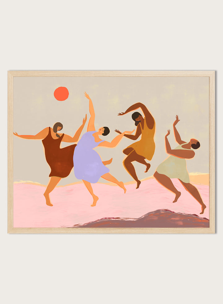 Together by Arty Guava premium framed fine art print featuring four women dancing beneath a coral sun across a soft pink landscape in warm, playful colors.