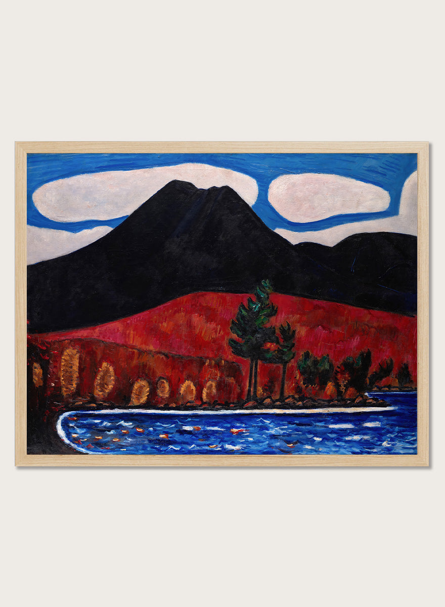 Shop Mt. Katahdin (Maine), Autumn by Marsden Hartley, a vintage American landscape wall art print poster featuring bold autumn hills and deep blue water.