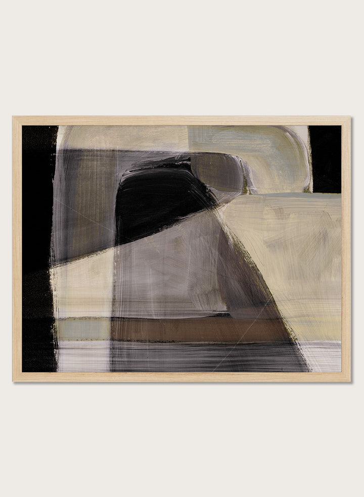 Shop Moods by Dan Hobday, a contemporary abstract art print featuring layered geometric forms, black, taupe, cream, and muted neutral brushwork.