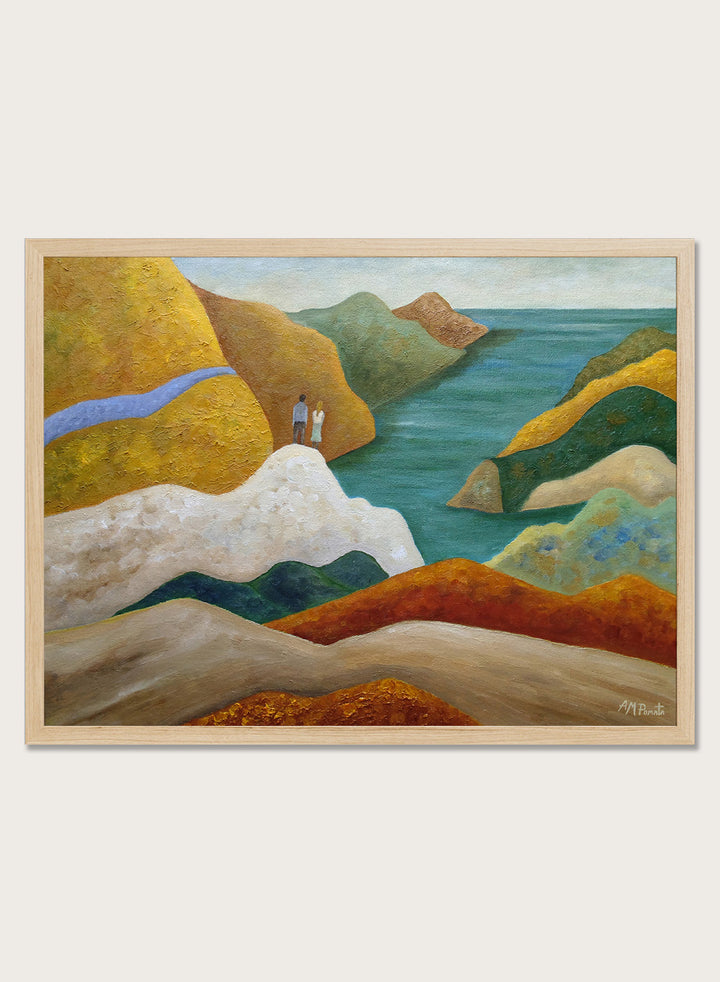 A framed landscape painting featuring stylized coastal cliffs, hills, and a body of water in earthy yellow, orange, green, blue, and white tones. Shop Couple Overlooking Coastal View by Angeles M. Pomata, a coastal landscape and figurative art print featuring a couple, rolling hills, and a blue sea view.