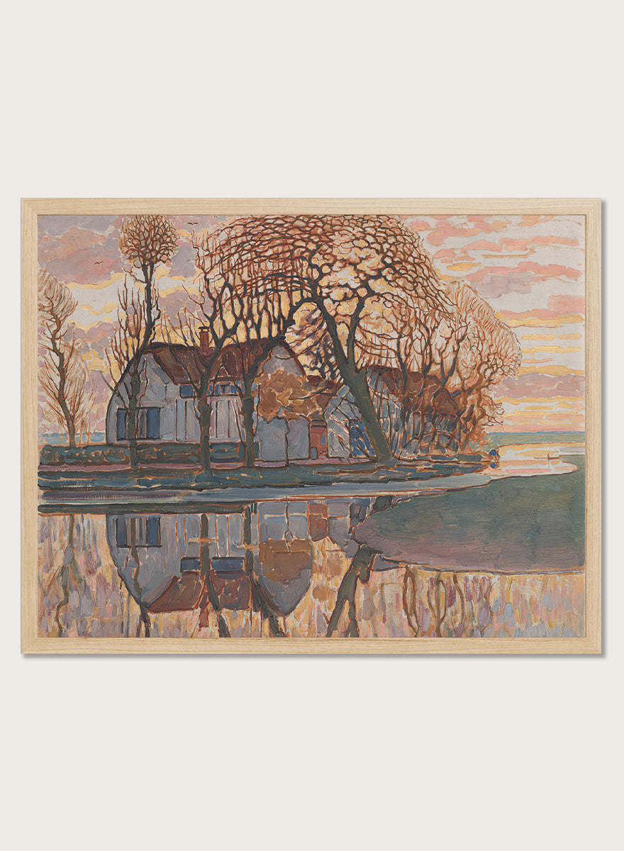Shop Farm near Duivendrecht by Piet Mondrian, a vintage landscape wall art print poster featuring a farmhouse, bare trees, and reflections in soft brown tones.