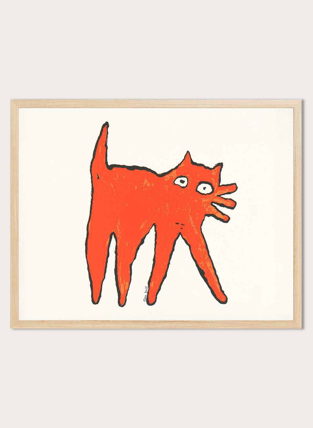 Framed illustration of a orange cat on a white background. Orange Cat by Eden Kalif is a modern cat art print in bold orange, a contemporary minimalist wall poster with playful form and expressive line work.
