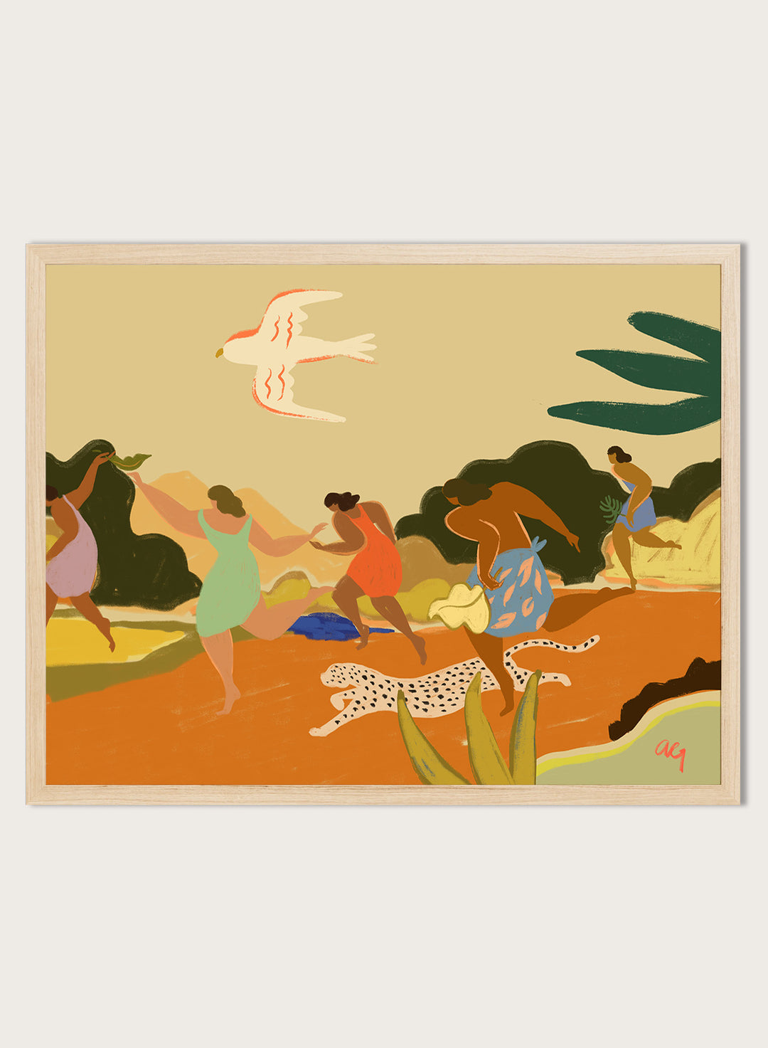 A framed art print featuring a stylized illustration of figures dancing and playing outdoors, with a bird, palm leaves, and a spotted cat. Run by Arty Guava premium framed fine art print featuring women racing through a tropical landscape beside a spotted leopard in warm, playful colors.