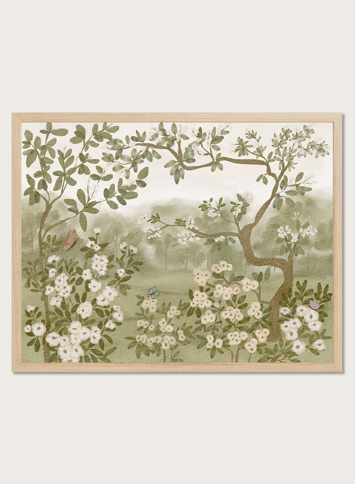 Framed botanical art print featuring white blossoms, green leaves, and soft misty trees in a landscape scene. Shop Serene Spring Garden by Nikita Jariwala, a garden wall art print poster with white flowers, flowering trees, butterflies, and green tones.