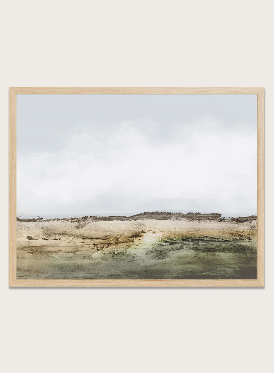 Shop Cliffs by Dan Hobday, a contemporary coastal landscape art print featuring rugged cliffs, soft sky, earthy green tones, and layered textured brushwork.