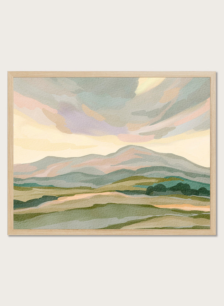 Shop Muted Mountain Landscape by Nikita Jariwala, a modern mountain wall art print poster with abstract hills, soft sage, dusty pink, gray, and cream tones.