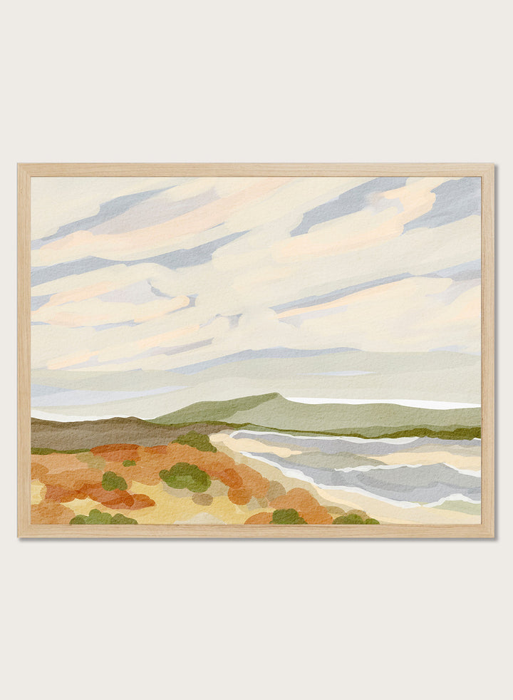 Shop Echos of Dream by Nikita Jariwala, a coastal landscape wall art print poster with abstract shoreline, soft clouds, sage hills, and warm ochre tones.