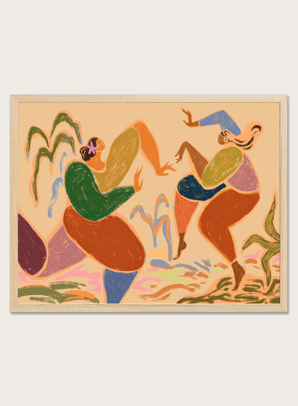 Colorful abstract artwork of two figures in a natural setting. Sisters of the Rhythm by Arty Guava is a modern wall art print of two women dancing. Bold color, expressive figures, officially licensed poster.