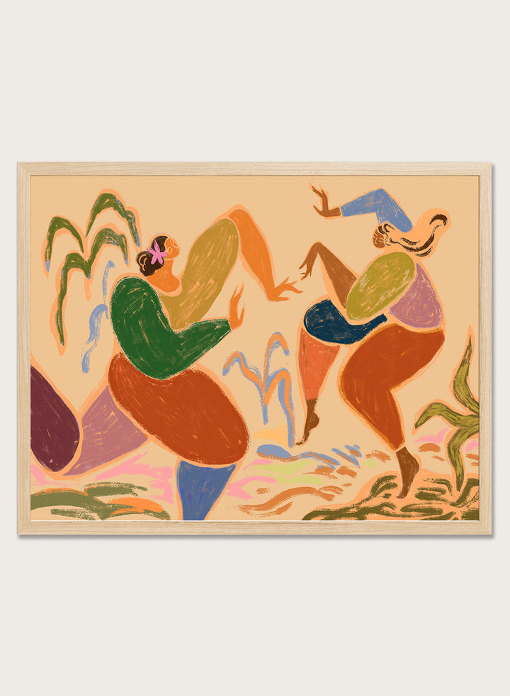 Colorful abstract artwork of two figures in a natural setting. Sisters of the Rhythm by Arty Guava is a modern wall art print of two women dancing. Bold color, expressive figures, officially licensed poster.