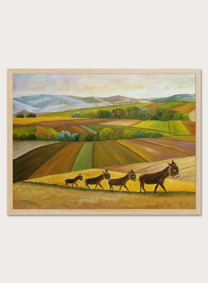 Shop Donkey Family Journey by Angeles M. Pomata, an autumn animal and countryside art print featuring a family of donkeys, patchwork fields, and rolling hills.