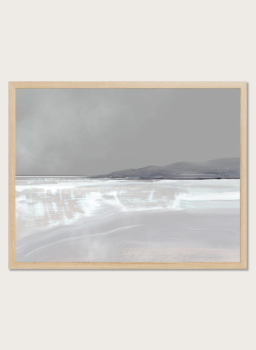 Shop Tides by Dan Hobday, a contemporary coastal landscape art print featuring pale blue water, distant hills, soft gray tones, and layered brush texture.