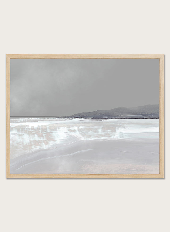 Shop Tides by Dan Hobday, a contemporary coastal landscape art print featuring pale blue water, distant hills, soft gray tones, and layered brush texture.