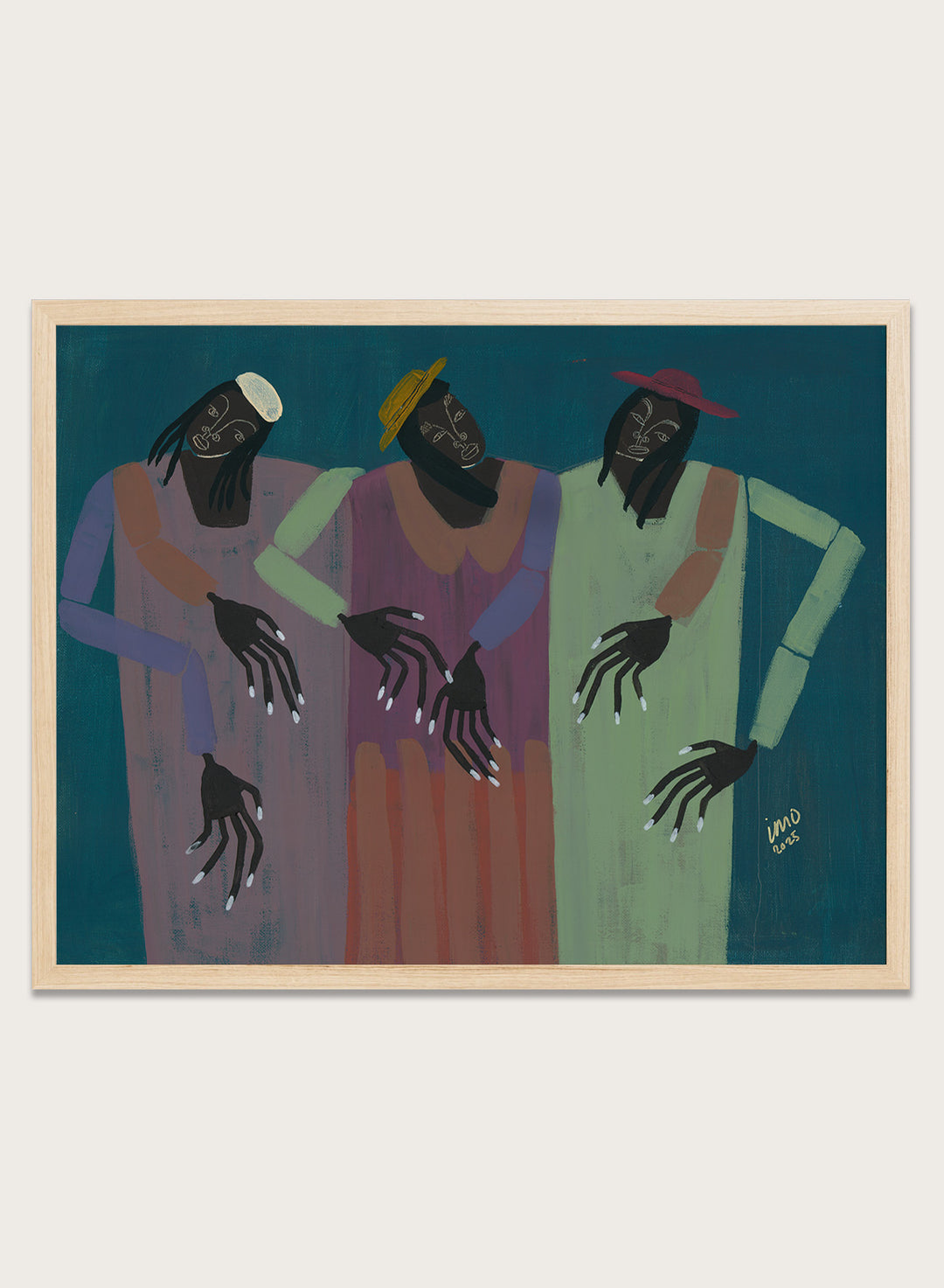 Artistic depiction of three figures with outstretched hands on a blue background. My People by Studio IMO (Ibi Meier-Oruitemeka) is a modern figurative art print with connected figures, expressive hands, and bold contemporary wall poster design.