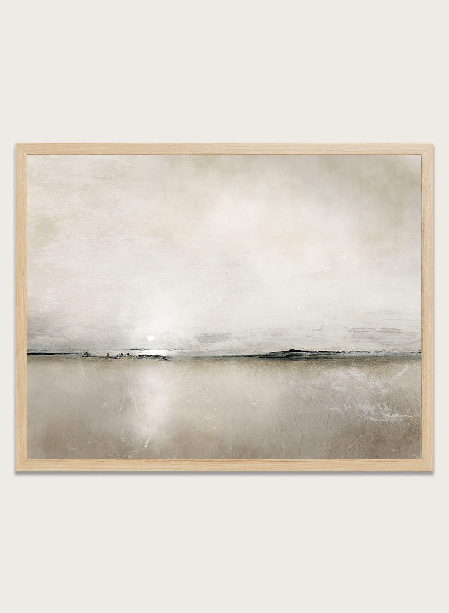 Shop Sunlight Bay by Dan Hobday, a soft coastal landscape art print featuring a pale horizon, warm neutral tones, subtle sunlight, and layered texture.
