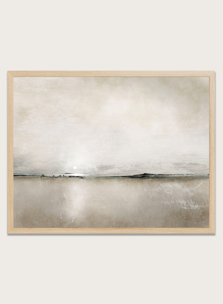 Shop Sunlight Bay by Dan Hobday, a soft coastal landscape art print featuring a pale horizon, warm neutral tones, subtle sunlight, and layered texture.