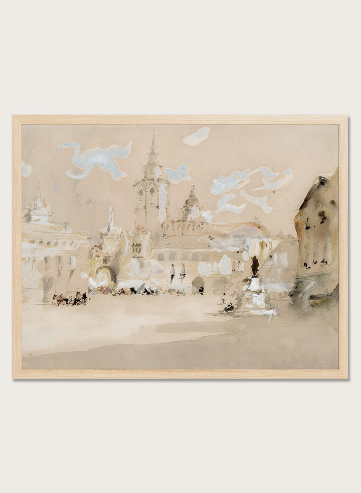 A framed watercolor art print depicting a scenic architectural landscape with a clock tower, stylized clouds, and small figures. Valencia, Spain by Hercules Brabazon Brabazon is a vintage watercolor art print featuring a sunlit Spanish plaza, pale architecture, towers, and soft blue sky.
