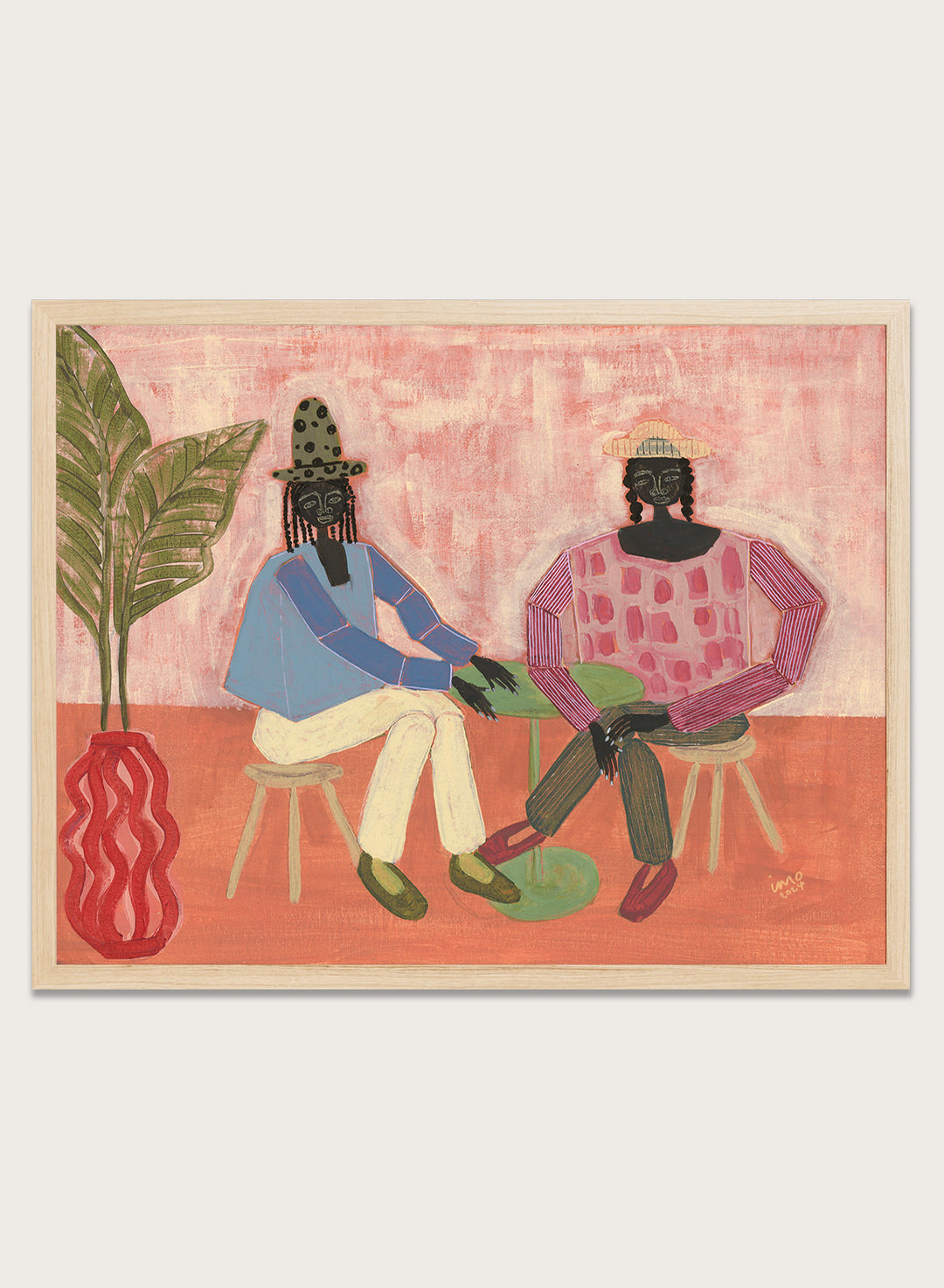 Artistic depiction of two people sitting on chairs with a plant and vase in the foreground, on a pink background. With a Friend by Studio IMO (Ibi Meier-Oruitemeka) is a modern figurative art print with two figures at a table in a contemporary wall poster design.