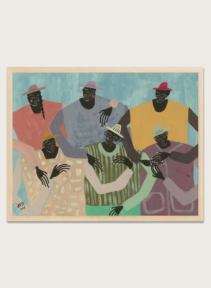Framed artwork of six stylized figures in colorful clothing against a textured blue background. Group Chat by Studio IMO (Ibi Meier-Oruitemeka) is a modern figurative art print with multiple figures, bold color, and contemporary wall poster design.
