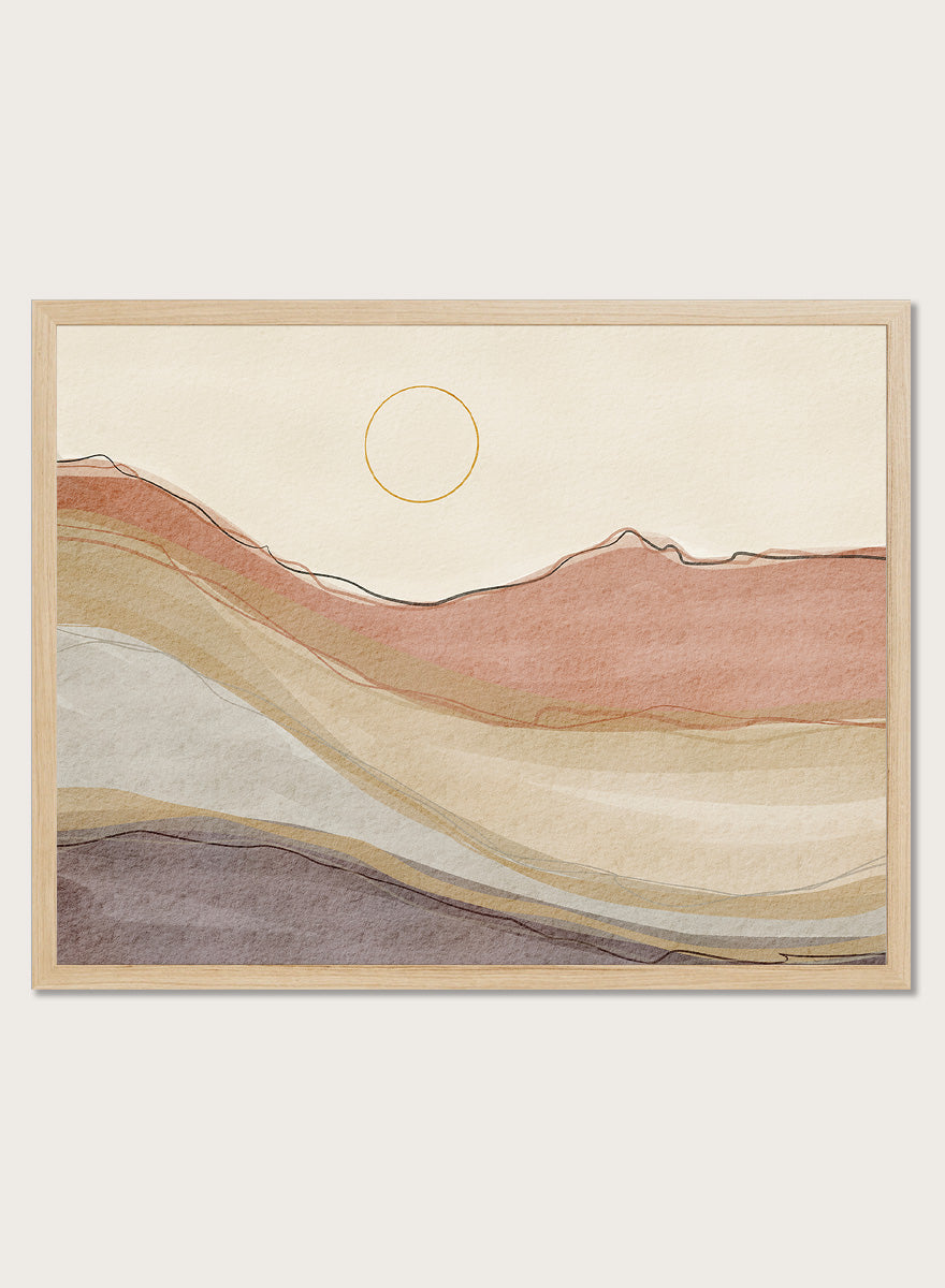 Shop Boho Desert Landscape by Nikita Jariwala, a modern desert wall art print with abstract hills, a simple sun, and warm terracotta, cream, beige, and mauve tones.