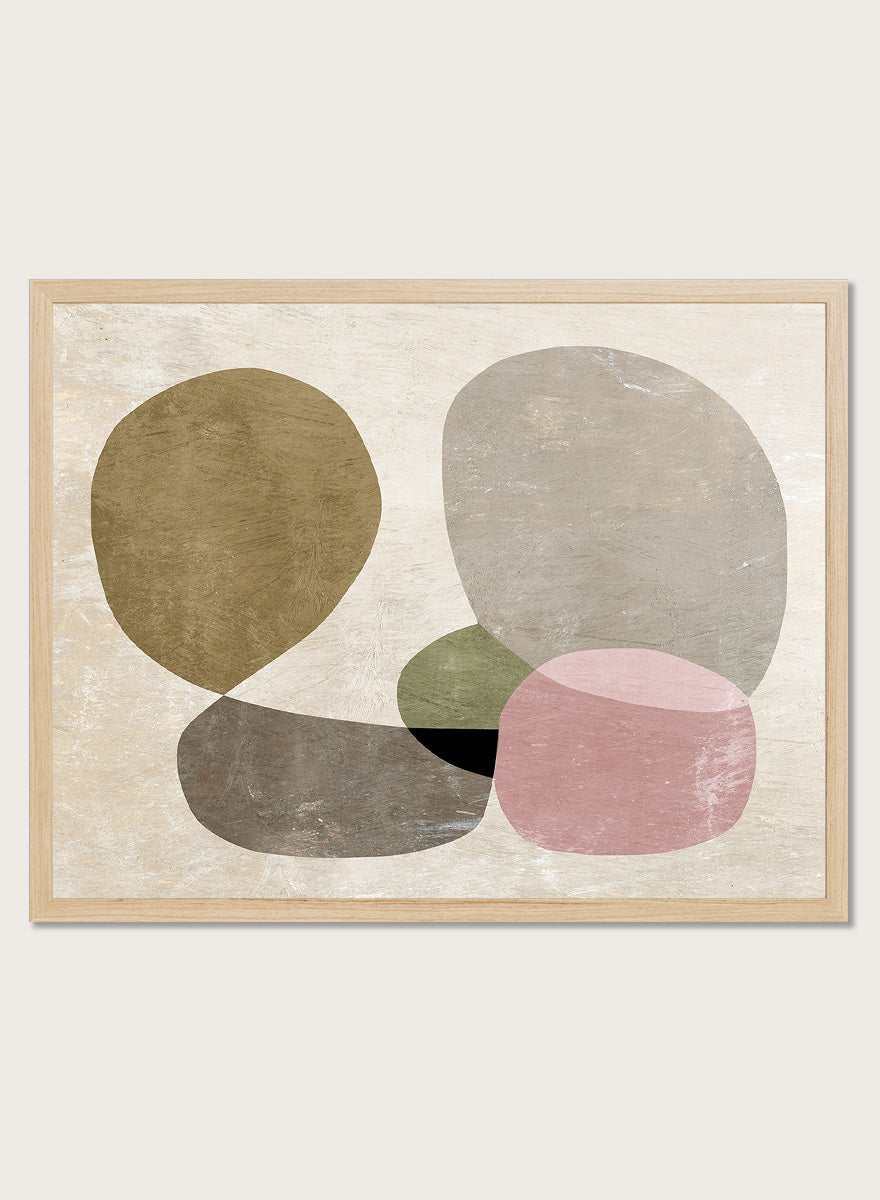 Shop Seven by Dan Hobday, a contemporary abstract art print featuring rounded geometric forms, muted olive, taupe, pink, and layered neutral texture.