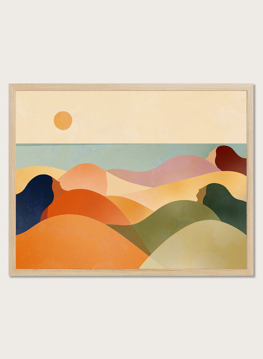 Shop Women On The Dunes by Dominique Vari, a retro beach wall art print poster featuring reclining women, rolling dunes, and a warm mid-century coastal landscape.