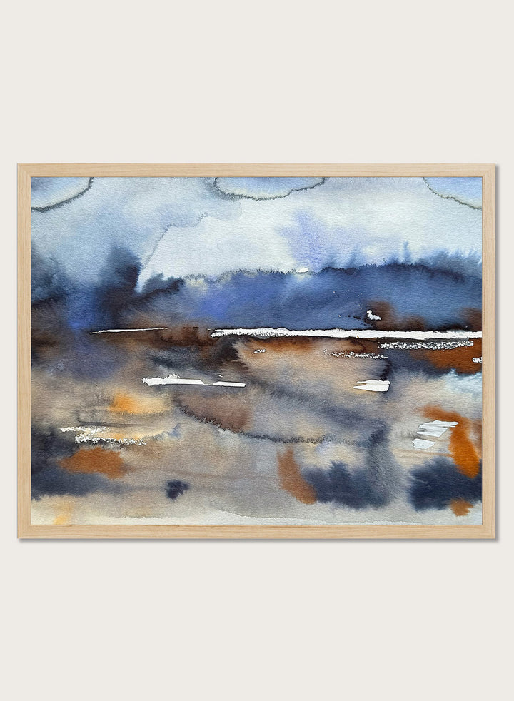 Shop Abstract Fluid Horizon by Helena Ryhle, an abstract landscape wall art print poster featuring fluid watercolor, a blue horizon, and earthy coastal tones.