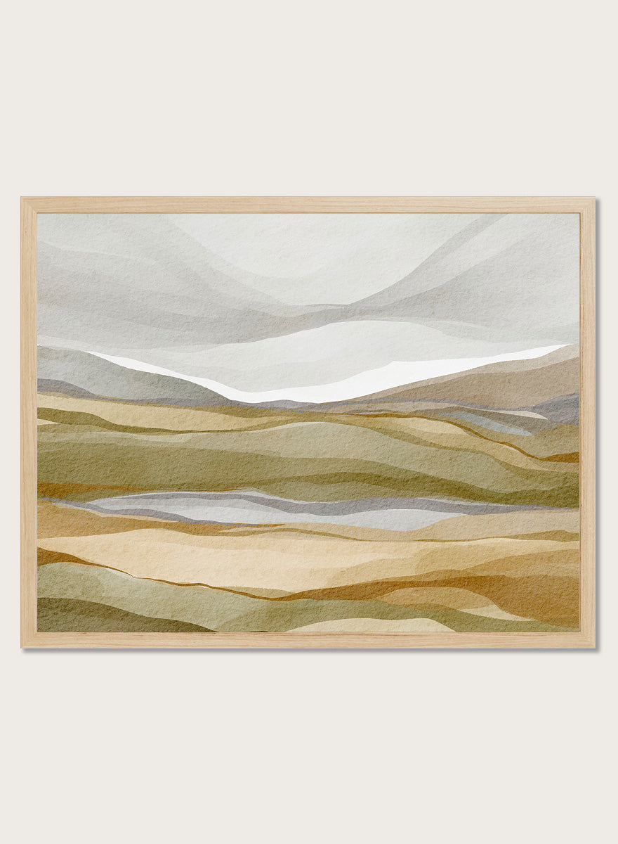 Shop Earthy Abstract Landscape by Nikita Jariwala, an abstract landscape wall art print poster featuring layered hills, distant mountains, and earthy green tones.