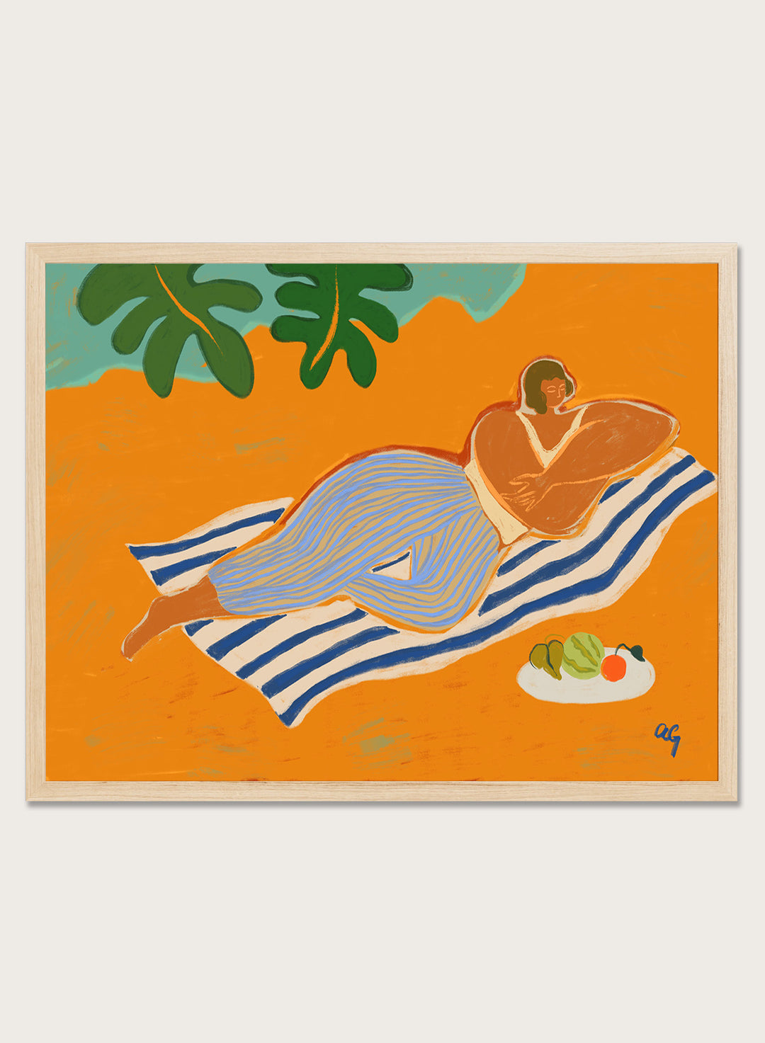 Framed artwork of a woman lounging on a towel with a plate of fruit against an orange background. A Day at the Beach by Arty Guava is a colorful coastal art print featuring a relaxed beach scene, tropical foliage, bold color, and contemporary illustration.