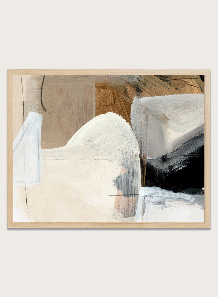 Shop Style Abstract by Dan Hobday, a contemporary abstract art print featuring layered geometric forms, warm neutral tones, black accents, and textured brushwork.