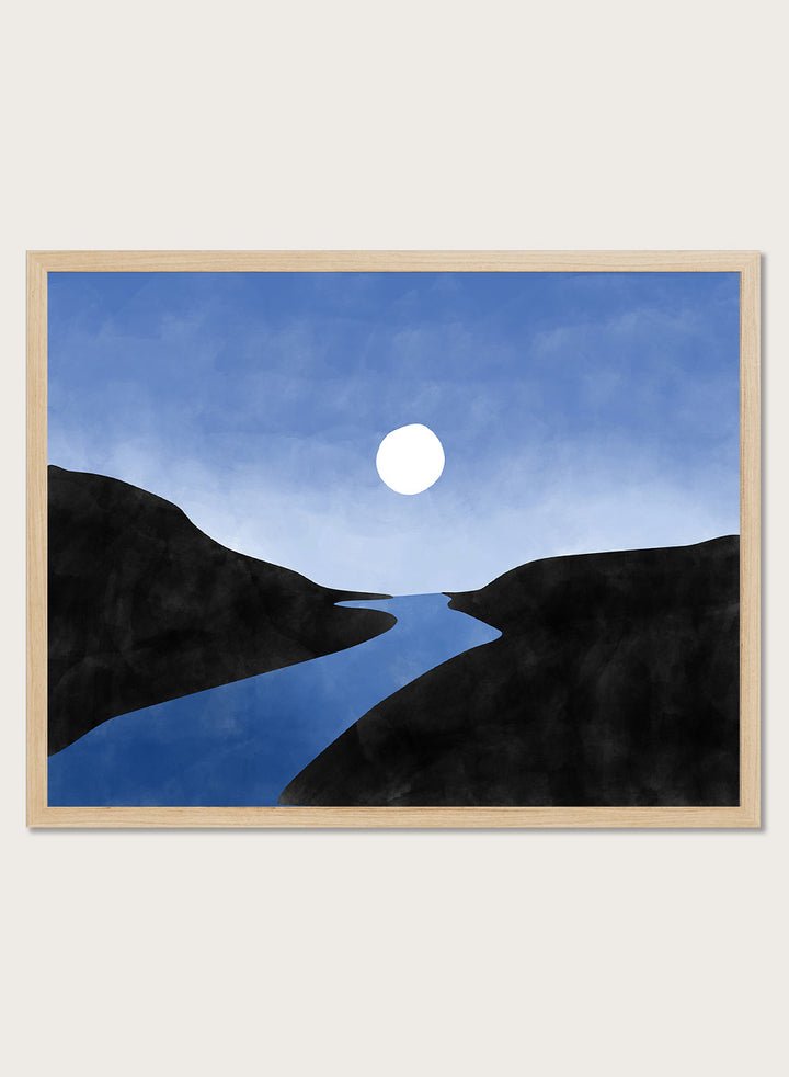 Shop Serene Moon River by Elena Ristova, a modern landscape wall art print poster featuring a winding blue river, dark hills, and a glowing white moon.