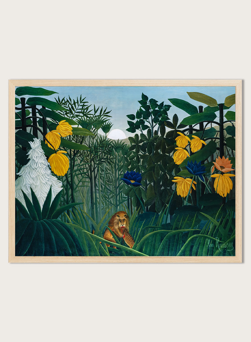 A framed art print depicting a lush jungle scene with green foliage, yellow flowers, blue and orange blossoms, and a small lion near the bottom center. The Repast of the Lion by Henri Rousseau is a vintage jungle art print featuring a lion hidden among dense tropical foliage and lush green plants.