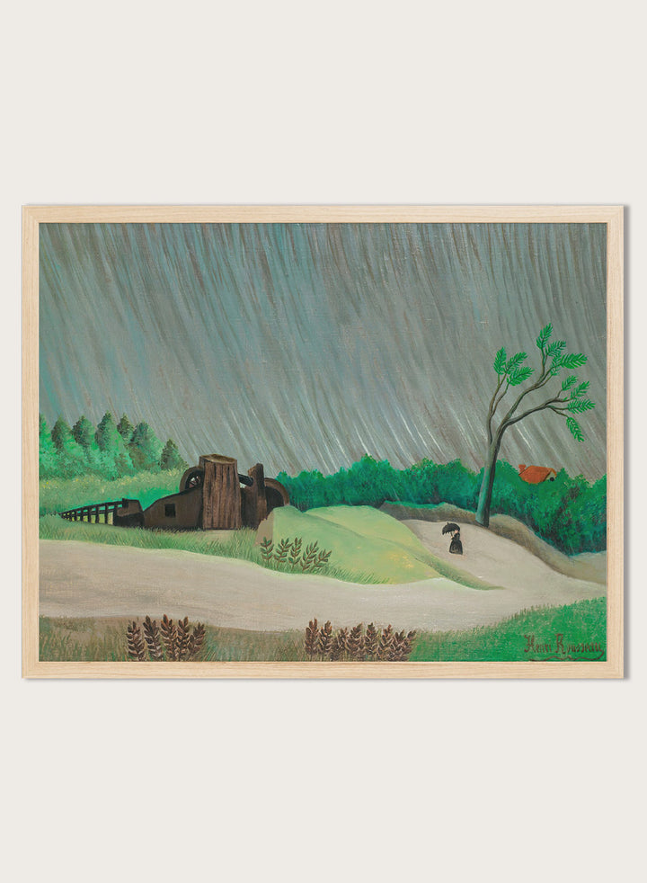 A framed landscape painting depicting a rainy day in a green valley with a small house, a lone tree, and a figure holding an umbrella. A Rainy Morning by Henri Rousseau is a vintage landscape art print featuring a rainy country road, umbrella figure, green fields, trees, and a rustic watermill.
