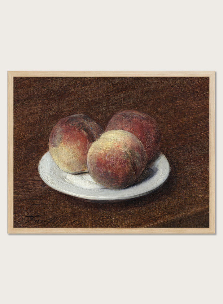 Shop Three Peaches on a Plate by Henri Fantin-Latour, a vintage still life wall art print poster featuring ripe peaches on a white plate in warm brown tones.
