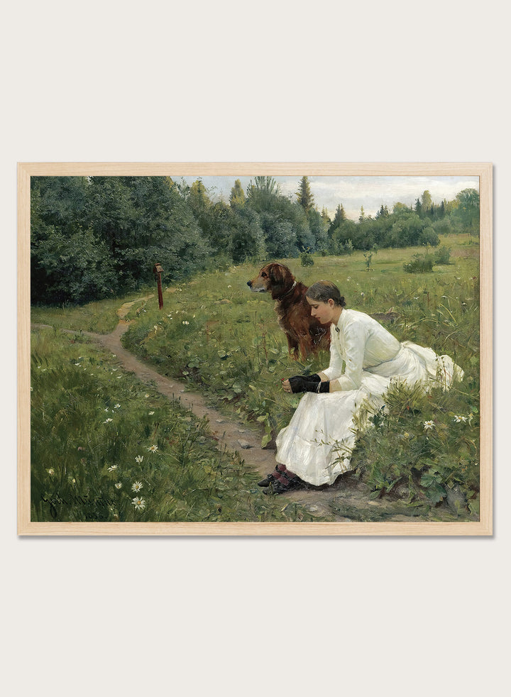 Idyll by Gerhard Munthe is a vintage Norwegian landscape print featuring a woman in a white dress resting with her dog in a green summer meadow.