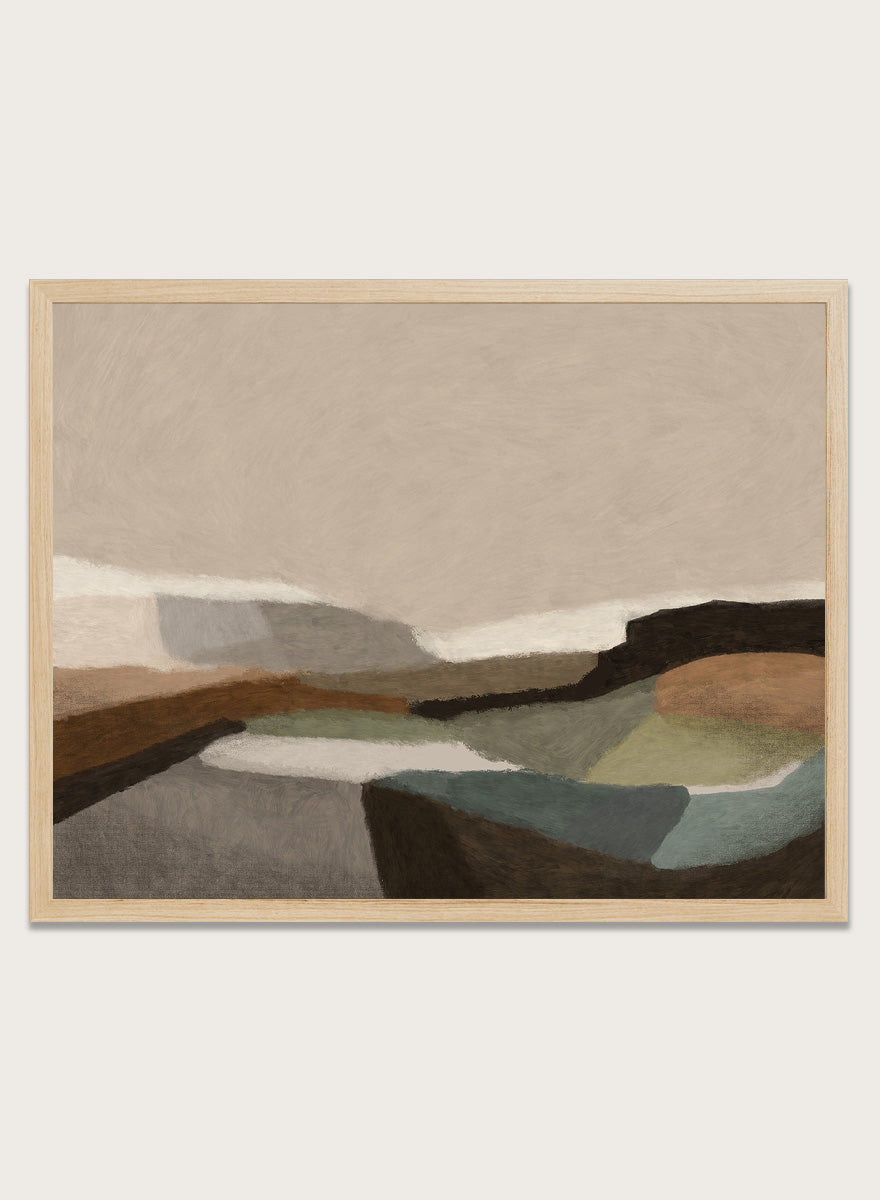 Shop Montego by Dan Hobday, a contemporary landscape art print featuring earthy brown, olive, taupe, gray, and muted blue with simplified layered forms.