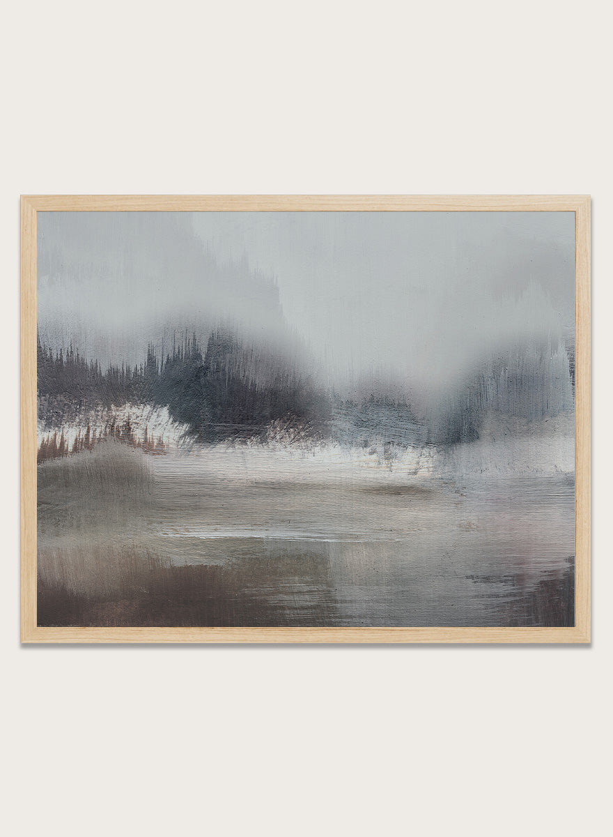 Shop Forest Lake by Dan Hobday, a misty landscape art print featuring dark forest trees, reflective water, soft gray-blue tones, and layered brush texture.