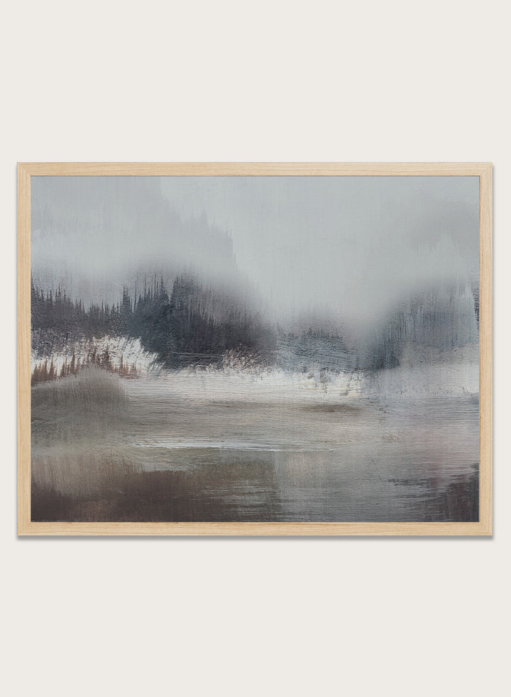 Shop Forest Lake by Dan Hobday, a misty landscape art print featuring dark forest trees, reflective water, soft gray-blue tones, and layered brush texture.