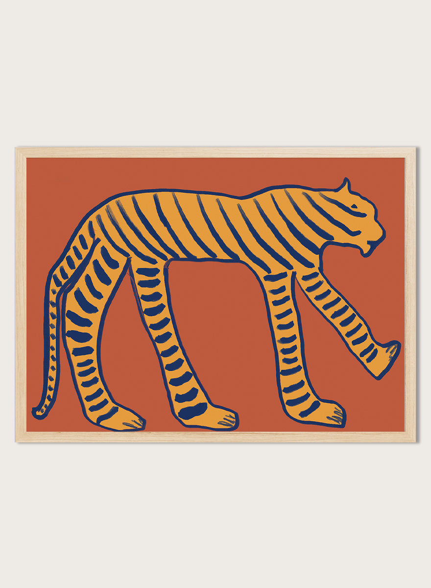 Bold Tiger Stride by The Art Concept animal art print featuring an ochre tiger with deep blue stripes on a warm rust background.