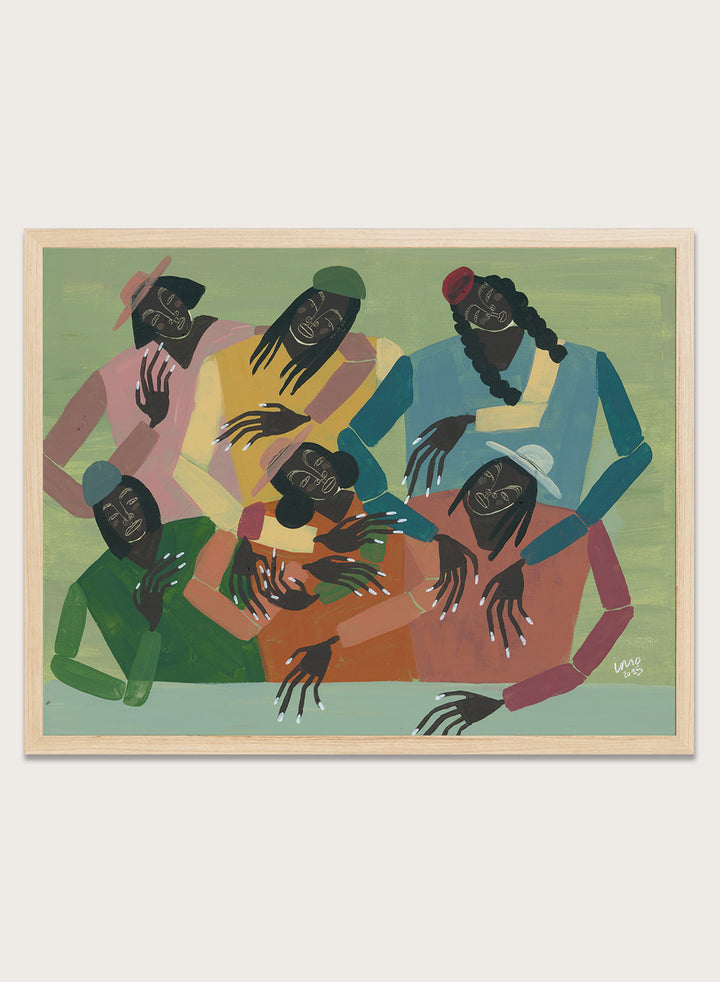 Framed artwork of six people sitting together with colorful clothing on a green background. Gossip by Studio IMO (Ibi Meier-Oruitemeka) is a modern figurative art print with multiple figures, bold color, and contemporary wall poster design.